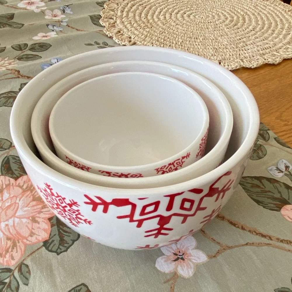 Crate&Barrel White and Red Snowflake Bowls